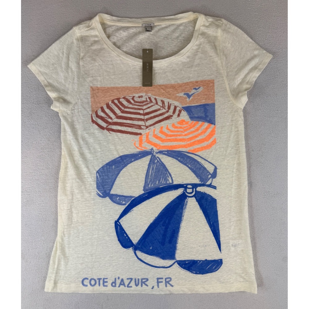 J.Crew Graphic T-Shirt Womens Large Ivory Cote d'Azur Beach Umbrella Linen 66948